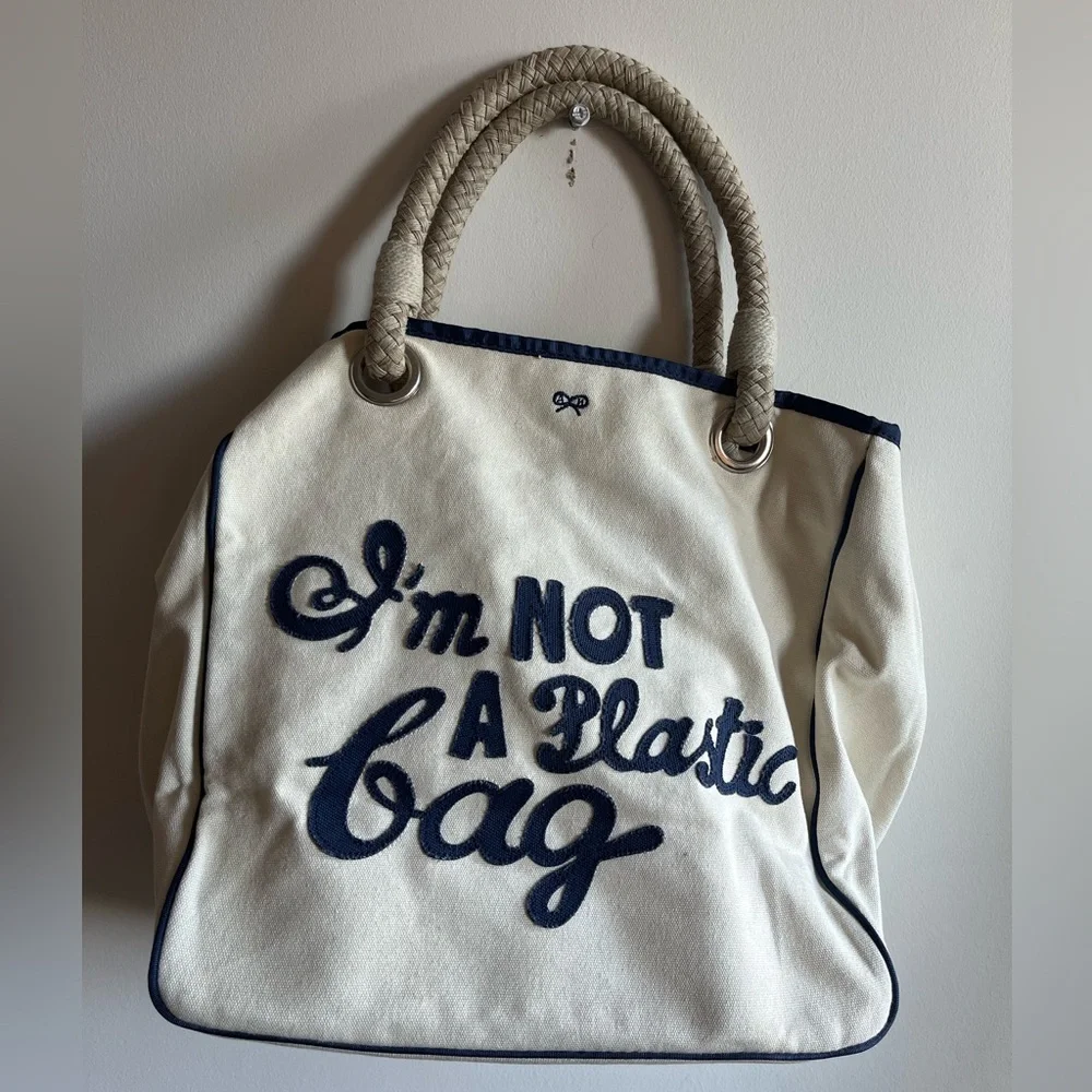 Anya Hindmarch London I AM NOT A PLASTIC BAG Cream and Navy Canvas Tote Bag - Picture 1 of 13
